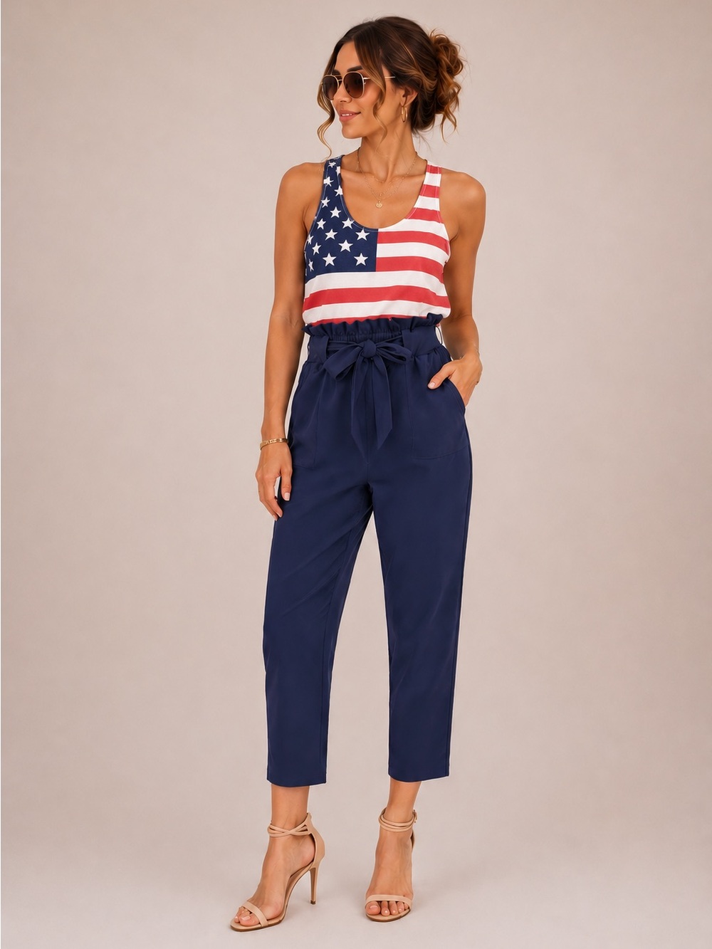 Grace Karin Navy Paperbag Waist Cropped Pants
